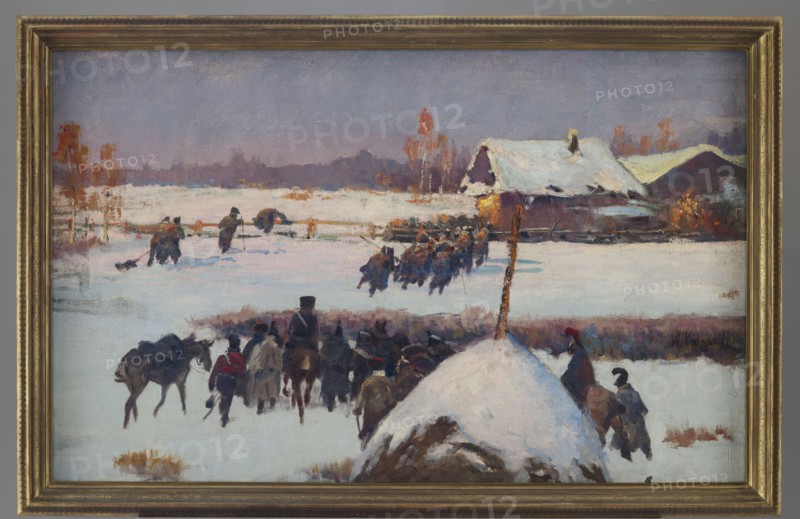 Berezyna, study, Kossak, Wojciech 1856–1942 painter, painting, height 85.5 cm, width 136 cm, A framed painting depicts a snowy landscape with a pale purple-gray sky and distant tree line in muted purples and browns, a few orange-brown trees near the horizon, and a snow-covered field in white and pale blue. In the midground there is a group of people and horses rendered in dark blues, browns, and blacks moving across the snow toward a cluster of rustic buildings; one building has a steep snow-covered roof painted in white and light blue with warm yellow-orange highlights on its walls. In the foreground a rounded snowbank in white and pale gray occupies the right side with a tall post rising from it, and a few figures in dark coats and muted reds are walking or riding horses past the snowbank. Several smaller figures are spread across the mid to far field, some appearing to be pulling or carrying objects, and there are touches of warm rust and ochre among the vegetation and structures. T...