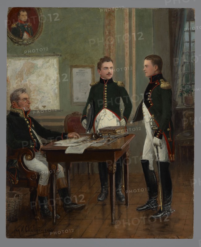 Artillery and Engineering Application School; Professor and elewi; Chelminski, Jan 1851-1925 painter; early 20th century; painting; height 29 cm; width 23.5 cm, A painted interior scene showing a room with wooden flooring and muted green walls where a seated older man and two standing younger men in dark green military-style coats with gold epaulettes and red trim are gathered around a wooden table; the seated man wears light-colored trousers and dark boots and leans on the table, one standing man faces forward with a small mustache and white trousers and gloves, while the other stands in profile holding a sword and also wears white trousers and tall black boots. On the table are folded papers, a ledger, and a quill or ink set in dark tones, and behind the group a framed map and another framed rectangle hang on the wall beneath a small oval portrait in a reddish-brown frame; a window with pale curtains and a small potted plant is visible to the right. The predominant colors visible are...