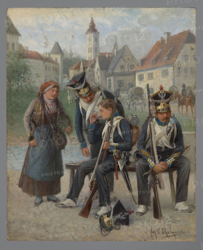 2nd Infantry Regiment, vivander and soldiers; Chelminski, Jan 1851–1925 painter; ; early 20th century; painting; height 29 cm, width 23.5 cm, A painted street scene shows a group of people in front of a village backdrop with pale blue and gray sky and light-colored buildings with reddish-brown roofs; in the foreground three men in dark blue military-style uniforms with white straps, gold and blue trim, and black peaked hats are seated on a bench holding long rifles, one hat lying on the ground; a woman wearing layered clothing in shades of brown, blue, and red with a red headscarf stands beside them holding a dish; the soldiers have light skin tones and varied facial hair, and carry backpacks and equipment in muted brown and gray; behind them a few horses and riders and a cluster of villagers are visible near the buildings, and there is greenery at the left edge with trees and bushes in shades of green.