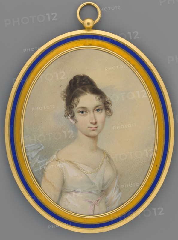 Portrait of Anna née Sapieha, Princess Czartoryska; painter: Stanislaw Marszalkiewicz 1789–1872. Three-quarter-length portrait to the right, head almost straight. Anna Czartoryska 1798/9–1864, daughter of Aleksander and Anna née Zamoyska, wife of Adam Jerzy Czartoryski from 1817. Brown hair styled in loose spiral curls at the temples and on both sides of the face; braided crown at the top. She wears a white gauze dress resembling a sleeveless Greek tunic, neckline decorated with a meander motif, a narrow lilac-pink ribbon loosely tied at the waist, and a white transparent scarf. Background: light bluish sky and clouds. Inscription/attributes: aristocracy, plants, women's portrait, women's portraits, portraits en three-quarts, dresses. Medium: miniature; height 12.2 cm, width 9.7 cm. Date: 1812. Place of origin: Poland. Frame: gilded bronze with a strip of sapphire enamel, double-sided glass frame., An oval framed portrait of a young woman set against a muted background, the frame is go...