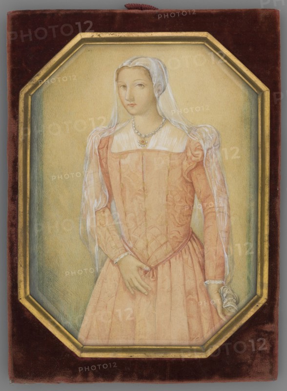 Portrait of Queen Bona after a watercolor miniature on parchment of the Flemish school, Atelier - A. Binant Paris; 1823-1937 Maison Binant, unknown painter. En face knee-length 3/4 left portrait of a woman/ruler. On her head is a bonnet with a brim, a pale red dress with puffed sleeves, a diamond neckline, a white chemise, and a pearl necklace. Background: yellow and green. Binding: octagonal half-cylinder of gilded brass with a crimson plush passe-partout. On the reverse: at the top the company label of the Parisian bookbinding workshop A. Binant / 7 rue Clery / Paris. Below is a label with a handwritten ink inscription: Królowa / Bona / Pour Iza. Pink label with inventory number 2297; below is a gold label with the black numeral 362. 1830, miniature, height 15.9 cm, width 11.8 cm., A framed portrait of a woman shown from the waist up wearing a pale pink dress with patterned fabric and puffed sleeves, a sheer white veil draped over her head and shoulders, and a pearl necklace with a p...