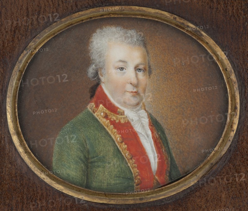a Portrait of a man in a green tailcoat with red lapels, head of the family; b girl and boy with a sheep; c woman in an empire dress with her daughter at the harpsichord; unknown artist. Subjects: boys, children, girls, genre scenes in the interior, women, costumes, men, animals, group portraits, family, dresses, city views, siblings, foreign miniatures, toys, plants, trees, tailcoats, empire style, hats, festoons, parks, gardens, landscapes. Date: 1800. Medium/format: miniature. Dimensions: height 19.0 cm, width 23.9 cm., An oval portrait of a person shown from the chest up, set in a round gold frame against a brown background. The person has light gray hair and a fair complexion with subtle pink tones on the cheeks, and a neutral facial expression. They wear a white neck garment beneath a red collar trimmed with gold detailing, and a green outer garment. Visible colors include brown, gold, gray, white, red, green, pink, and subtle beige tones.