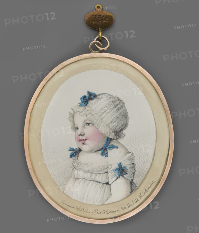 a Portrait of Maria Anna von Hessen-Homburg 1785–1846, wife of Wilhelm of Prussia, also known as Marianne von Preussen and Prinzessin Wilhelm. Profile portrait of a woman facing left, hazel eyes, blond hair pinned up with a comb, emerald earring in one ear, orange dress fastened with a diamond clasp on the left shoulder. Background: paper color, hatched at the bottom. Frame: narrow medallion border, gilded bronze. b Daughter Amalie Friederike Luise of Prussia 4 July 1805 – 23 November 1805. Child turned in 3/4 profile to the left, blue eyes, intense blush, white cap and dress trimmed with blue ribbons. Background: paper color, hatched at the bottom with pencil. Frame: narrow medallion border, gilded bronze. Miniature, Germany, 1805–1808. Height 9.0 cm, width 8.7 cm. Creator: Haller von Hallerstein, Christoph Jakob Wilhelm Carl Joachim 1771–1839 painter. Subjects: rulers; women young; girls; children girl; female portraits left profile; costumes a l'antiquite; headgear turban, bonnet; p...
