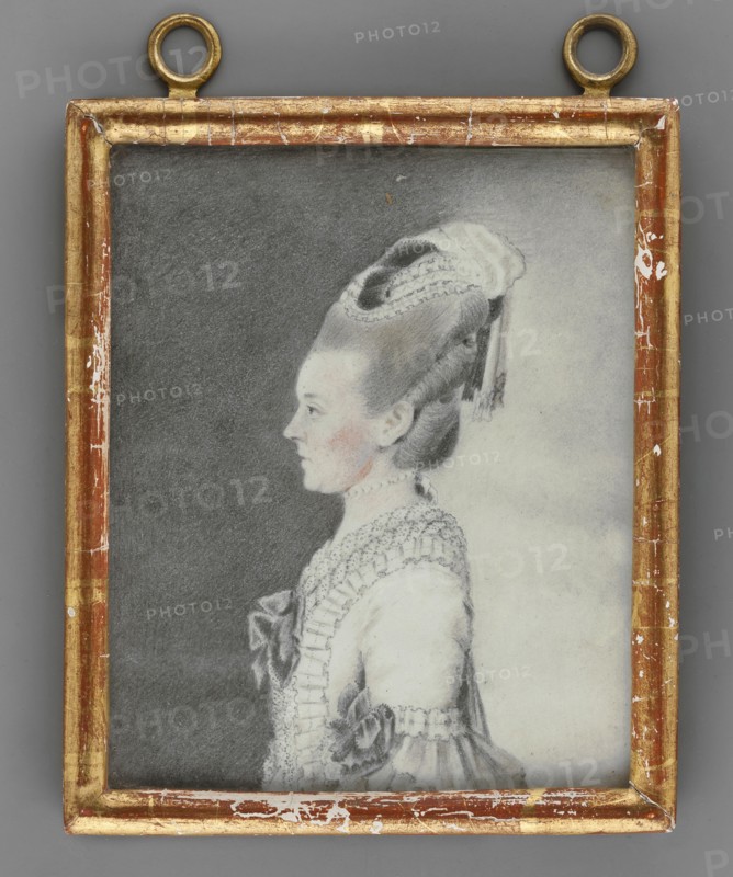 Christine Charlotte Friederike, Princess Solms-Braunfelds 1744–1823, Countess zu Lippe-Detmold; ca. 1800; miniature; height 11.7 cm, width 9.6 cm; portrait of an aristocratic woman in profile wearing headgear and period dress; women's portrait, costume, foreign miniature., A framed portrait of a woman in profile rendered in grayscale, showing her elaborate high hairstyle with decorative elements and a ribbon, her face with subtle rosy tones on the cheeks, a high lace collar and a dress with ruffles and bows, set against a darker gray background on the left and a lighter gray on the right; the rectangular frame is worn with chipped gilding revealing reddish-brown underlayer and has two round hanging loops at the top, all shown on a neutral medium-gray surface.