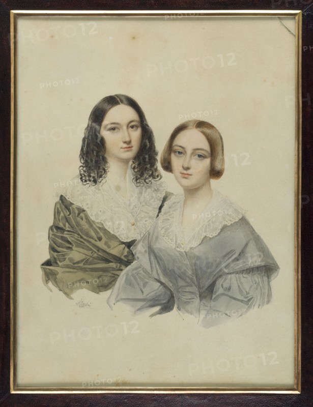 Double portrait of Eliza Elzbieta née Zygmunt Krasinska 1820–1876 and her sister Zofia Sophie Katarzyna née Branicka Liwiusz, duchess Odescalichi 1821–1886, painted by Emilio Rossi ca. fl. 1830–1850. Ink inscription on glass: Elzbieta / née Branicki / Zygmuntowa Krasinska / 'Zofia Odescalchi', 1840, Russia. Miniature, height 24.2 cm, width 17.9 cm; aristocratic female portrait, dresses, family., A framed portrait of two young women from the chest up against a plain light background; one woman has dark curly hair and a pale complexion and wears a dark olive-green shawl over a lacy white collar, the other has straight light brown hair in a bob and a pale complexion and wears a soft gray-blue dress with a lacy white collar; both faces are rendered with neutral expressions and subtle shading, and the image includes colors such as cream, olive green, gray-blue, brown, black, and white, with a dark brown frame and a thin gold inner border.