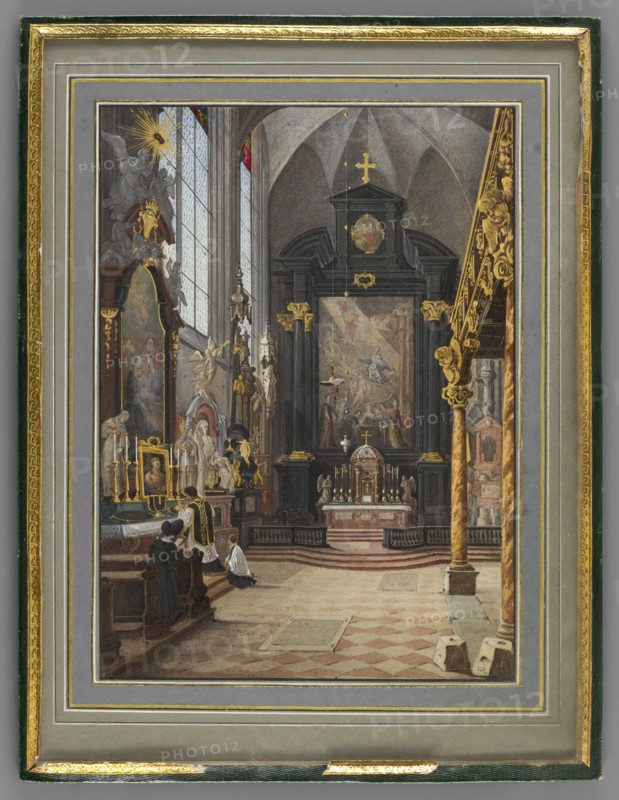 Interior of St. Stephen's Cathedral in Vienna?, Willibald Richter 1805–1880, painter; miniature; 1830–1840; Kraków; height 19.3 cm, width 14.3 cm, The image shows an interior scene of a richly decorated church or chapel with a tall vaulted ceiling and large leaded windows on the left letting in light. Dark wood and black architectural elements frame a central ornate altar area topped with a golden cross and a round painted medallion; the altar itself has a dome-like tabernacle and several candle stands. A carved and gilded balustrade or canopy with intricate scrollwork in gold runs vertically on the right, supported by a twisted column in warm golden and brown tones. On the left side there are sculpted statues, framed devotional images, gilded candlesticks, and decorative panels in muted grays, browns, creams, and touches of gold; a few figures dressed in dark and white garments kneel or stand near a side altar. The floor has a patterned tile design in beige and brown hues leading towa...