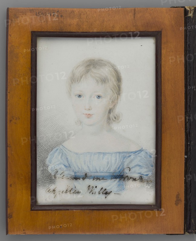Alexandrine Nilly Woroncow 1821–1830 as a little girl, daughter of Elzbieta née Branicka and Michal S. Woroncow; unknown painter possibly amateur; Krzeszowice Lesser Poland Voivodeship — 1830; miniature; height 10.8 cm, width 7.7 cm; en face portrait of a child, portrait/sketch, Polish miniature, aristocracy., A framed portrait of a young person shown from the shoulders up, with pale skin and light blonde hair styled with short bangs and small curls at the sides, wearing an off-the-shoulder dress in a light blue color; the face has light blue eyes and a neutral expression, and soft shading and crosshatch strokes appear around the figure; the portrait is set within a dark inner frame and a warm brown wooden outer frame, and there is a narrow dark vertical edge visible along one side.