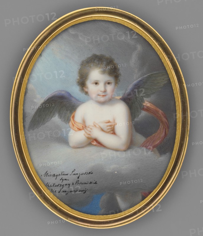 Mieczyslaw Sanguszko-Kowelski 1807-1813 as a little angel, commemorative portrait, Richter, Anton 1783-1850 painter, little angels, boys, aristocracy, full-face portrait, child, heaven, Polish miniature, 1813, miniature, height 9.3 cm, width 7.2 cm, An oval framed painting shows a childlike figure with curly brown hair and pale skin, positioned among soft gray clouds; the figure has a gentle facial expression and folded hands at the chest, a pair of dark wings with hints of blue extend behind the shoulders, and a draped reddish-pink cloth wraps around one arm; the sky around the figure ranges from pale blue to gray, and the frame is a metallic gold color.