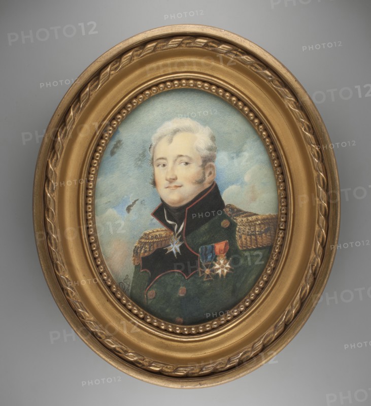 Portrait of General Józef Sowinski in the uniform of the artillery troops of the Kingdom of Poland, after Aleksander Molinari 1772–1831, copy by unknown artist. Three-quarter bust, turned left. Gray-gray hair and sideburns. Black cravat, dark green uniform with black collar and lapels edged with thin red piping; gold epaulettes; three orders including Virtuti Militari and the Legion of Honour, also Order Pour le Mérite and Order of St. Stanislaus. Background: sky and clouds. Style: Polish miniature. Frame: gilded profiled wood with pearling around the cutout and a cord ornament. Date: 1818. Medium: miniature. Dimensions: height 19.1 cm, width 14.8 cm. Subject: General Józef Sowinski 1777–1831; related to the November Uprising 1830–1831., An oval painted portrait of a man with pale skin and light gray hair set within a decorative gold frame; he wears a dark green military-style coat with gold braided epaulettes and a high black collar edged in red, and several star-shaped medals and a r...