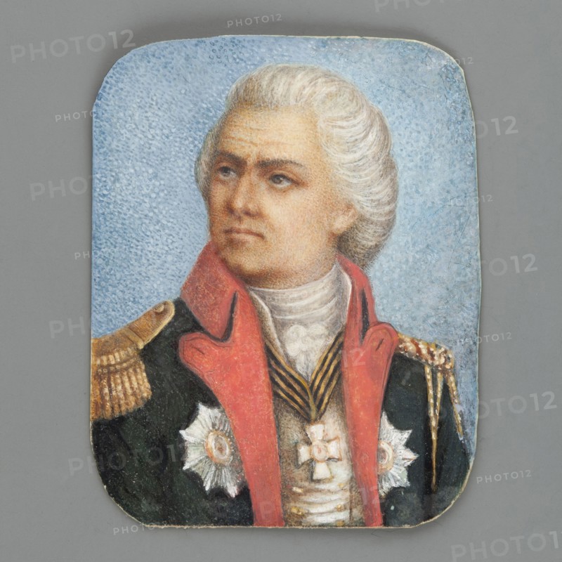 Mikhail Illarionovich Golenishchev-Kutuzov? 1745–1813 after a graphic representation, cf. Min. 926/11, unknown,  painter / amateur painter author; costumes; portraits en trois-quarts; men; uniforms; orders; male portraits; soldiers; foreign miniatures; Choynowski, Joseph 1833–ca 1915; Order of St. Alexander Nevsky; Order of St. Vladimir; Order of St. Anne; Order of St. George. Bust, head 3/4 left, torso almost straight. Powdered gray wig, dark green Russian general's uniform with red collar and lapels, white cravat. At the neck is the Order of St. George; on the sides are the stars of the Orders of St. Alexander Nevsky and St. Vladimir. Background: blue stippled with white gouache. Unframed. 1850–1900; miniature; height 5.2 cm, width 4.2 cm., A painted portrait of a person shown from the chest up wearing a dark coat with a high red collar and gold epaulets, a white cravat, and decorative medals on the chest; the person has pale skin, light grayish-white hair styled back, and a neutral ...