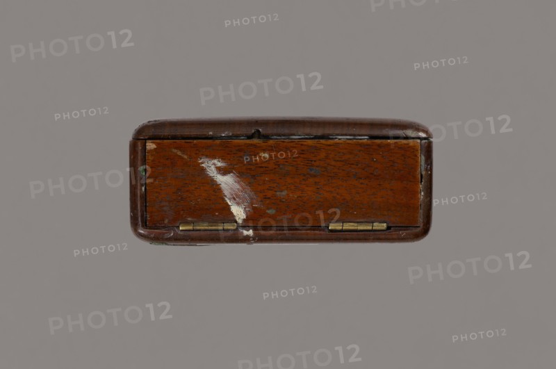 Jan Stanislawski's painting box; maker: Jan Stanislawski 1860–1907 — painting implements, artists in the open air, painting accessories, plein air studies; late 19th century; dimensions: height 10 cm, width 16 cm, depth 3.5 cm, A small rectangular wooden box viewed from its narrow side showing a hinged front panel, with a warm brown wood grain and a darker brown rounded top edge, a few areas of worn lighter brown and pale beige scuff marks on the front, small touches of green near the corners, and two small metallic brass-colored hinges along the bottom edge, all set against a flat gray background.