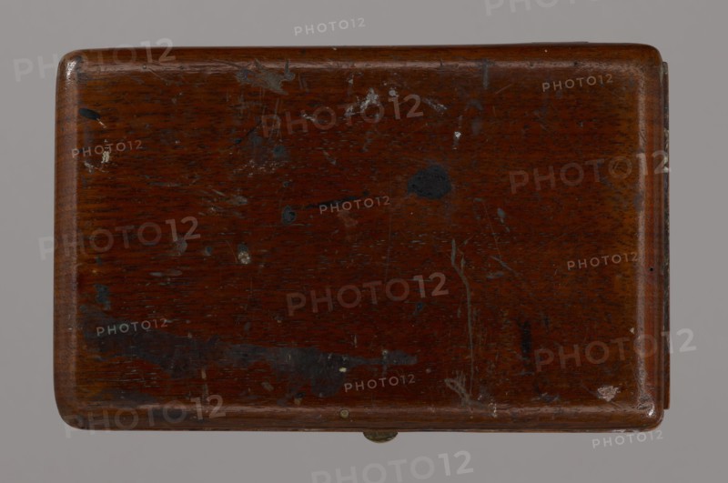 Jan Stanislawski's painting box; maker: Jan Stanislawski 1860–1907 painter; painting implements; artists in the open air; painting accessories; plein air studies; late 19th century; varia; dimensions: height 10 cm, width 16 cm, depth 3.5 cm, A rectangular wooden box with rounded corners seen from above, showing a dark brown polished surface with visible wood grain and a few scattered small dark spots and lighter scuffs, several scratches and worn areas, and a small metallic hinge or latch protruding slightly at one edge; the background is a neutral gray.