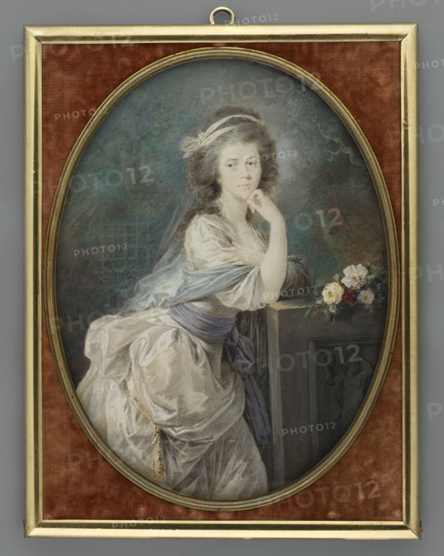 Unknown Countess von Clamm und Gallas, portrait almost identical to the image of Vincent Lesseur's first wife; Kraków dancer Urszula née Kaczkowski, Lesseur, Wincenty de 1745-1813 painter, Füger, Heinrich Friedrich 1751-1818 painter, unknown painter, antiquity, female artists, gazebos, flowers, classicism, bouquets, gardens, parks, landscapes, portraits en pieds, roses, costumes, portraits en three-quarters, portraits, female portraits, hairstyles, Woman, 3/4 right, below the knees, white dress tied with a lilac sash at the waist, pinned up at the side with a gold fringe, pale blue shawl on the shoulders, hairstyle tall, powdered hair tied at the top with a white ribbon, elbows resting on a stone pedestal with a relief depicting Terpsichore?, above a bouquet of white and red roses. Background: cloudy sky, fragment of a park with a pergola and trees. Frame: narrow brass frame framed in light brown velvet. 1780–1790, Vienna, miniature, An oval framed painting of a seated woman in histori...