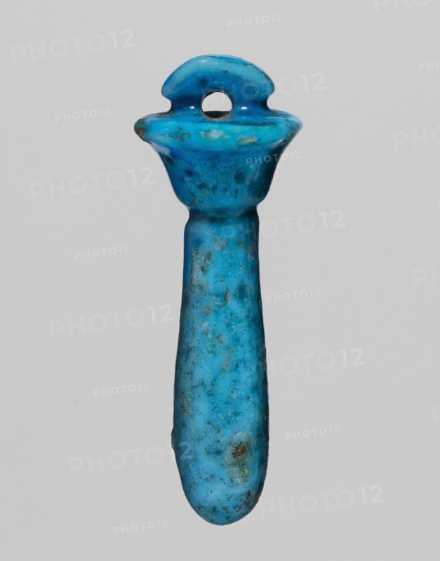 Amulet - Uadz column, protective amulet, grave goods, scepters. Amulet in the shape of a scepter topped with a papyrus canopy. 664–525 BC; Late Period, 26th Dynasty, Egypt. Amulet; height 2.5 cm, width 0.9 cm., A single elongated object with a rounded bottom and a flared top, shown against a plain light gray background; the object is predominantly bright blue with areas of darker blue and small patches of greenish discoloration and brownish spots, and the top has a small circular hole through it beneath a curved crest.