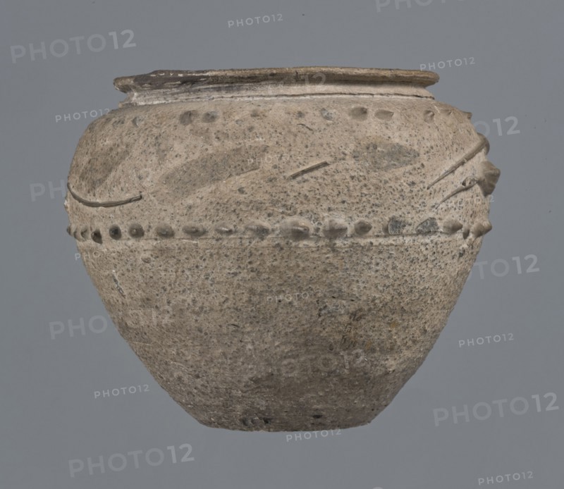 Vise-free cup, unknown Rhine workshop, Goluchów, 2nd half of the 1st century, possibly Cologne. Hard-fired, granular, light gray clay 7.5YR N7/; gray matte glaze 10YR 5/18 covering entire surface, intentionally rough sandblasted. En barbotine decoration on upper body: stylized lanceolate leaves between two stripes of dots. Whole vessel; height 8.0 cm, width 7.0 cm., A rounded, textured ceramic vessel with a narrow rim and a bulbous body sits against a plain background; the vessel surface shows a rough, speckled texture and an overall beige to gray color with darker gray spots and patches, a few raised decorative elements form a horizontal band around the upper third, and there are several subtle incised lines and small protrusions near the rim, with areas of slightly darker gray and brownish discoloration.