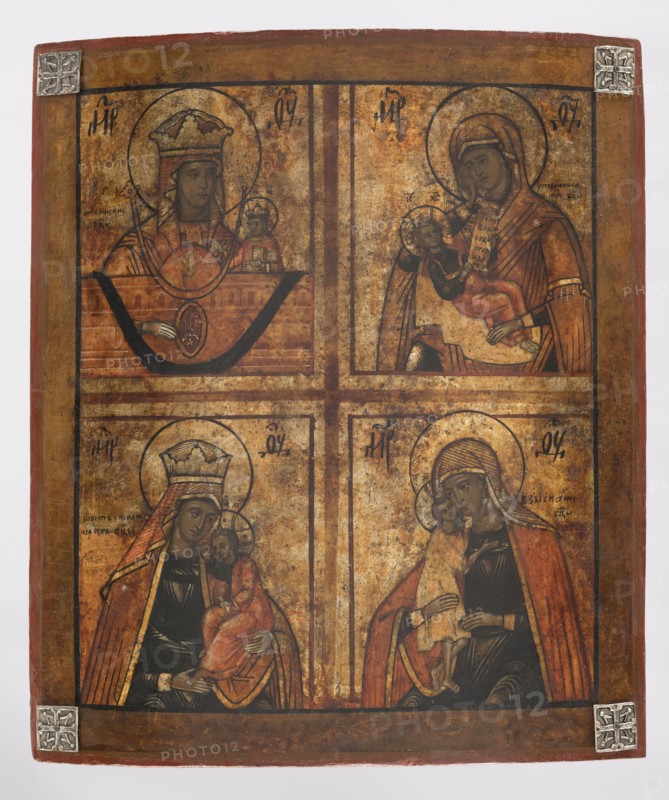 Quadripartite icon: four images of the Mother of God, Russian workshop. Mary mother of Jesus Christ with the youthful Christ; icons, quadripartite icon, Our Lady of Czestochowa iconography, Silence my sorrows iconography, Deliverance from grave misfortunes iconography, Escape of the wandering iconography, crown iconography, inscriptions, maphorion iconography, scrolls, message. The central part of the icon is divided into four parts showing images of the Mother of God with the youthful Christ. These are: 1 Our Lady of Czestochowa The Crucifixion of Evil Hearts; 2 Quiet My Sorrows; 3 Deliverance from Serious Misfortunes; 4 The Escape of the Wandering. The individual images are linear and schematic; in a rather poor color range. The inscriptions are made in black paint. In the corners of the frame there are decorative plaques with a star motif. 1st half of the 19th century, Russia; icon; height 39.0 cm, width 33.0 cm., The image shows a rectangular painted panel divided into four framed ...