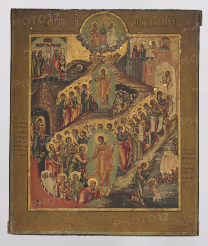Icon: Resurrection of Christ, Russian workshop. Resurrection of Christ iconography; Jesus Christ; Paradise; Peter the Apostle ?–ca. 64; Abyss; Good Thief; Eve; Adam; Crucifixion; Holy Trinity; crosses; icons; Moses; Isaiah; Lord of Hosts; sarcophagi; inscriptions; instruments of the Passion; God the Father; Holy Spirit; halo. The icon shows the Resurrection, and below the Descent into the Abyss. Around the resurrected Christ are visible wounded soldiers; on the left, angels looking at Michael, who is dealing with a demon. From the lower left corner to the upper right, a procession of the righteous ascends from Sheol to heaven, led by the Good Thief. In the lower right corner is Christ's meeting with the apostles on Lake Gennesaret. In the upper left corner is the Crucifixion; in the upper right, the meeting of the Good Thief with Moses and Isaiah. Above the central depiction is the New Testament Trinity. Side panels bear inscriptions relating to individual scenes. 18th–19th century. Ur...