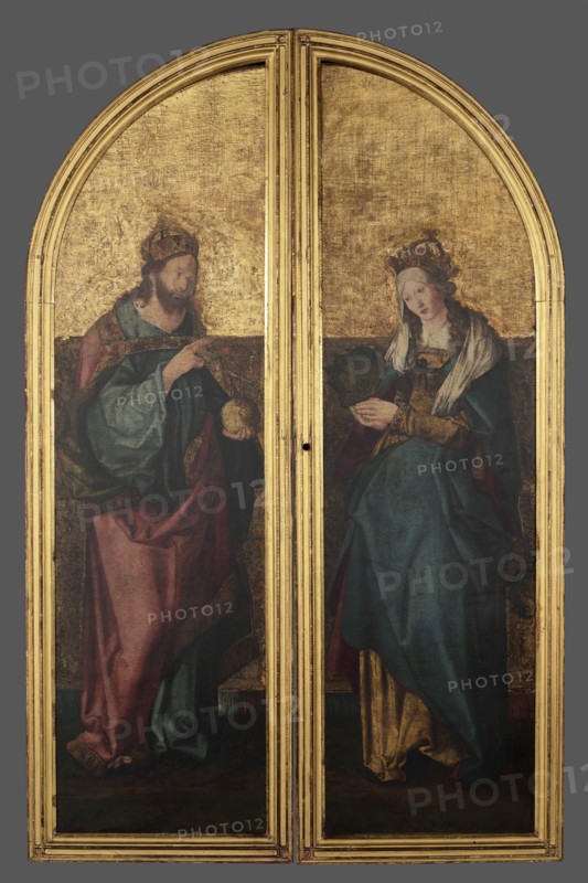 Triptych with the legend of St. Stanislaus, unknown sculptor, Hans von Kulmbach ca. 1485–1522 painter, legend of St. Stanislaus, Stanislaus of Szczepanów ca. 1030–1079, masterpiece, compare: brass crowns from the head of King Boleslaw secondary, crosier from the scene of the Murder of St. Stanislaus secondary, 1510–1520, Plawno parish church, place of finding, Kraków place of origin, altar, bas-relief, A tall, two-panel painted piece set within a gold arched frame shows two robed figures standing on a dark floor against a textured gold background; the left figure wears layered garments in teal, dark green, and muted red with a gold-trimmed cloak and a crown, holding a spherical object, while the right figure wears a flowing teal-blue robe over golden and dark red layers with a white head covering and a crown, hands held in front; both panels feature worn, cracked paint texture and rich gold tones in the background and frame, with visible shades of teal, green, red, gold, white, brown, ...