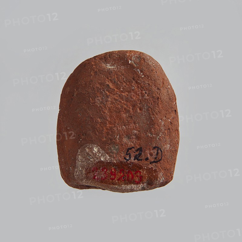 Mold for pressing a figurine of Ptah the dwarf probably made by pressing from a stone matrix. The head wears a flat cap, a wide face with long, thin mustaches or swallowed snakes; in the hands two oval objects feathers?. Legs are curled up. The upper torso is covered by a beaded necklace; otherwise the figure is naked. Technological grooves on both sides of the figurine. Small incisions above the head. The form is semi-oval, rounded at the bottom. Ptah the dwarf mythology, snakes, feathers iconography. 664–332 BC; Late Period, Egypt. Form. Height 2 cm, width 4.2 cm, depth 4.7 cm., A roughly rounded, flat object with a coarse, uneven surface in shades of brown and reddish-brown, with small patches of lighter tan and gray; the object sits against a light gray background and shows a few smudges of dark black and faded red on its lower area.