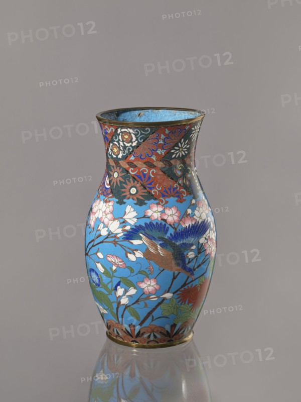 Vase, Doves, flowers, birds, lilies, chrysanthemums, wolfberries, sakura, butterflies, dragonflies — kachôga iconography. Japanese, Meiji Period ca. 1870–1880. Vase with a thick neck, parted towards the spout. Cloisonné enamel on copper; spout and foot enclosed by brass rings. Nagoya, Japan. Vessel; height 26.5 cm, width 15.5 cm., A tall, narrow vase with a flared rim sits against a plain light gray background, its surface covered in colorful floral and bird motifs. The main field of the vase is bright sky blue, decorated with a group of pink and white blossoms on thin brown branches and green leaves. A bird with deep blue wings, brown body, and darker feather details appears in flight among the flowers. The upper section of the vase features a band of intricate patterns in deep red, black, white, and blue with stylized floral shapes, while the lower rim shows a decorative border in muted brown and black with touches of blue. The interior of the rim is a lighter blue, and the vase rest...