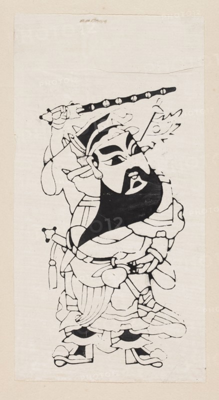 Menshen Gate Guardian, nianhua New Year's picture, early 20th century, Jiajiang, Chinese art, Menshen Gate Guardian iconography, graphic print, height 29.0 cm, width 16.0 cm., A tall vertical image shows a stylized black-and-white ink illustration of a robed figure holding a long staff above their head. The figure has a large dark beard and bold facial features rendered in black against the white background, with flowing garments composed of layered panels and ornamental elements. The staff has a segmented pattern and the figure’s hand grasps it near one end while the other arm and accessories create a sense of movement. The clothing includes sashes, rounded shapes, and decorative tassels, and the lower robes flare over stylized footwear. The overall palette is black ink on an off-white or cream paper with subtle aging tones around the edges.