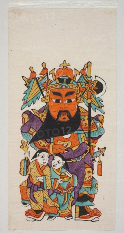 Menshen Gate Guardian with He He Deities, Chinese, protective deities iconography, Menshen Gate Guardian iconography, nianhua, New Year's Day pictures, early 20th century, Jiajiang, graphic print, height 33.0 cm, width 17.0 cm, A tall painted figure wearing ornate headgear and layered robes stands behind two smaller figures; the tall figure has an orange face with heavy black eyebrows and a long black beard, and wears a multicolored headdress with teal, orange, yellow, and black elements and a purple and teal robe with orange and yellow decorative patterns, holding a staff with teal and yellow accents; the two smaller figures in front wear patterned robes in teal, orange, yellow, and purple, with pale faces and black hair, and one holds an object while the other raises a small item; the background is a pale beige with a narrow white border along the edges.