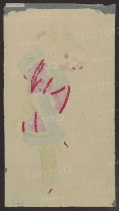 Dancing Beauty with a Swallow, unknown artist; nianhua New Year's picture, early 20th century, Mianzhu, China; Chinese art; subject: young woman dancing with a swallow, holding a fan; themes: swallows, dances, women, entertainment; medium: graphic print; dimensions: height 44.5 cm, width 24.0 cm., A faded, narrow vertical sheet with a dark border surrounds a pale beige background that fills most of the image; near the center-left there is a faint abstract figure composed of pale green and light blue curved shapes with soft purple patches, and over these are several bold red brushlike marks and short strokes; a pale circular form with subtle pink and red smudges appears toward the upper right of the central area; there are a few small red flecks scattered lower on the sheet and some thin, faint pencillike scratches in darker gray; the top edge shows a strip of darker gray tape and the corners have slight wear with small dark gray tears.