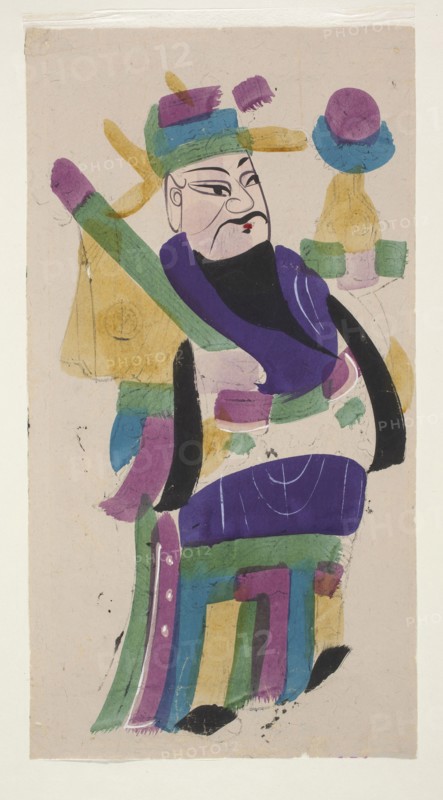 Menshen Gate Guardian in the Form of a Dignitary, Chinese, Menshen Gate Guardian iconography, Guardians, Nianhua New Year's Day picture, early 20th century, Mianzhu, graphic print, height 47.0 cm, width 24.5 cm., A painted figure wearing layered garments in colors including purple, green, blue, yellow, black, and pink stands against a pale beige background; the face is pale with stylized black eyebrows, eyes, and facial lines, a black beard, and a small area of red on the lips, while a hat with bands of green, blue, and purple and yellow extensions sits atop the head; the clothing shows broad swathes and curved shapes in purple, green, blue, yellow, black, and pink, with a few rounded and rectangular decorative elements and visible brushstrokes, and there is a separate rounded blue and purple object near the upper right that appears on top of a yellow shape.