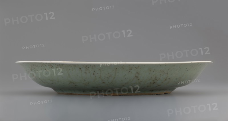 Plate, Chinese, Qing dynasty 1644–1911, 18th century; porcelain vessel with inscriptions and decoration of lotuses and plants; height 3.5 cm, diameter 21.6 cm, weight 0.5 kg., A shallow ceramic dish with a gently flared rim sits on a neutral surface, showing a pale green glaze with darker mottled speckles and crazing lines; the rim appears off-white, the underside near the base shows a warm brown exposed clay, and the background and surface are shades of gray.