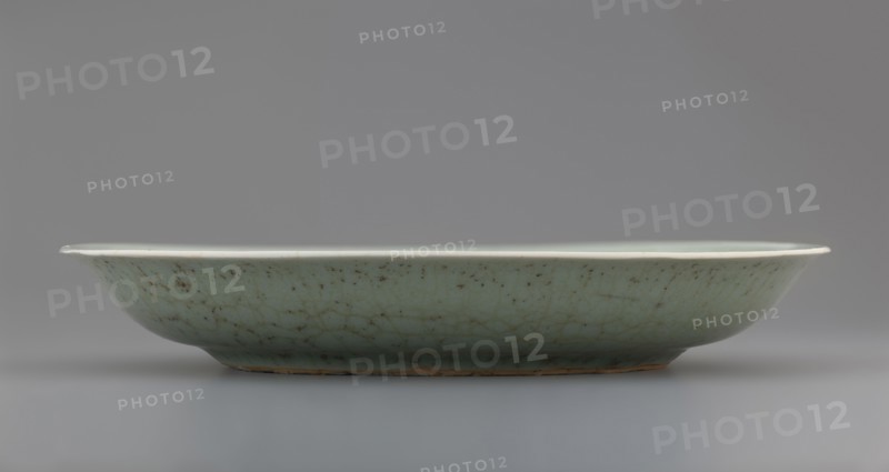Plate, Chinese, Qing dynasty 1644–1911, 18th century, porcelain vessel with inscriptions and decoration of lotuses and plants; height 3.5 cm, diameter 21.6 cm, weight 0.5 kg., A shallow oval dish sits on a flat surface, viewed from the side, showing a pale green body with a network of fine darker crackle lines and some brown speckling and spots; the rim appears lighter, near white, and the base edge shows a thin band of exposed brown clay; the background and surface are shades of gray.