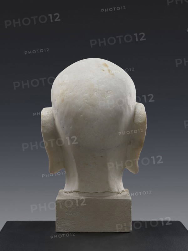 Head of a Luohan arhat, sculpture, Chinese; materials and, Iconography: Luohan/monk Chinese Buddhism. Dating uncertain: described as possibly 9th century but also suggested by a specialist to be contemporary, perhaps late Republic period, 19th century. Period: Qing 1644–1911 noted. Height: 52 cm., A rear view of a pale off-white stone or marble head sculpture with smooth rounded contours, visible ears that project outward, and a tapered neck set on a rectangular off-white base, all placed on a dark surface against a gradient dark-to-medium gray background, with subtle yellowish and gray discolorations on the stone.