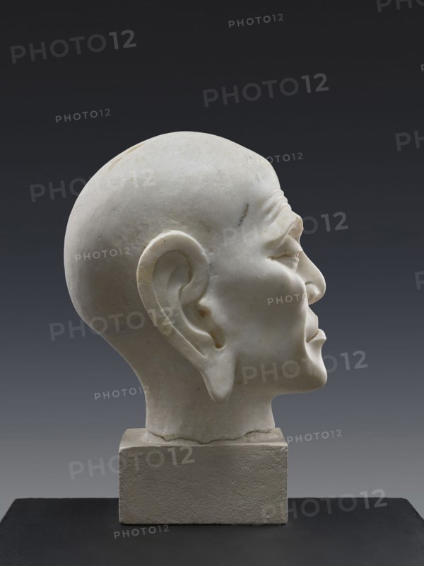 Head of Luohan, Chinese art; Chinese culture. Qing 1644–1911. Chinese Buddhism; arhat iconography; monks; Luohan iconography. Inscription/attribution note: according to a Chinese specialist in Buddhist art, the sculpture appears to be contemporary and may come from the late Republic period, 19th century, though another note suggests 9th century. China. Sculpture, height 52 cm., A sculpted head in profile carved from pale stone with visible subtle discoloration and surface variations, mounted on a rectangular stone base; the head shows a smooth rounded skull, a prominent ear, defined facial features including a brow ridge, closed eye, nose, lips, and chin, with carved creases on the forehead and around the mouth; the base and head rest on a dark flat surface, and the background is a gradient of dark gray to lighter gray, with colors including pale off-white, gray, beige, and dark charcoal.