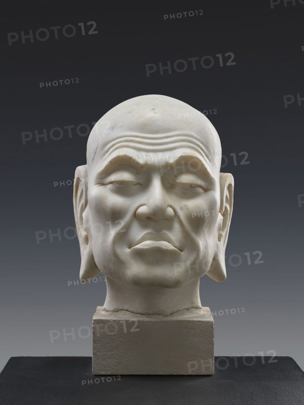 Head of Luohan, creator unknown, Chinese, Qing 1644–1911; subject: arhat/luohan, monk; material: sculpture; inscriptions/notes: according to a Chinese specialist in Buddhist art the sculpture appears to be contemporary and may date to the late Republic period, 19th century, though another note suggests China, 9th century; height 52 cm., A stone bust of a bald head displayed on a rectangular plinth, carved with pronounced facial features including furrowed brows, drooping eyelids, a broad nose, and downturned lips; the ears are prominent and slightly elongated, and the neck shows subtle musculature and a crack at the base where it meets the plinth. The sculpture surface is pale off-white with faint darker mottling, set against a smooth gradient background transitioning from dark charcoal at the top to medium gray toward the bottom, and the plinth is a textured light beige resting on a flat dark gray or black surface.