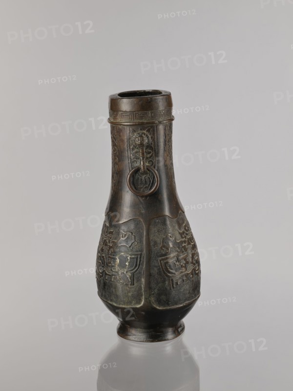 Hu-type vessel, bronze, Chinese, Qing dynasty 1644–1911, 19th century; ceremonial/ritual vessel with taotie iconography and meander ornament; height 28.0 cm, width 19.0 cm., A tall, narrow metal vessel with a rounded base and flared neck, showing a dark brown and greenish patina with areas of lighter brown and black; the body is divided into several vertical panels each decorated with raised, intricate carved motifs and repeating geometric borders; a decorative ring handle hangs from a sculpted mask or animal face near the upper neck; the surface shows varied textures from smooth to finely incised patterns and a subtle reflective sheen on the base.