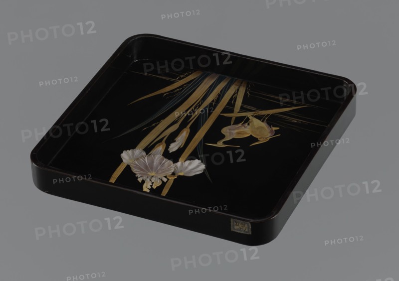 Tray, gift; wooden tray covered with black roiro lacquer; decoration: two wading herons and a clump of irises, made with gold and silver hiramaki-e three dark blue leaves. Meiji Period 1868–1912, 19th/20th century, Japan. Kachôga bird-and-flower subject. Height 3.5 cm; width 28.3 cm; depth 28.3 cm., A square black tray with rounded corners and raised edges features a painted decorative design showing a group of long, slender golden-yellow leaves and a few dark green blades extending across the black surface, a pair of golden-yellow frogs perched among the leaves, and a cluster of pale silvery-white flowers with soft yellow centers; the tray's exterior is dark brown to black and the background around the tray is gray.