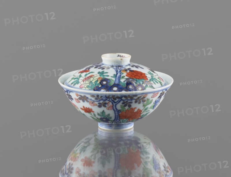 Bowl with a lid, Chinese, Qing dynasty, Qianlong period 1736–1795. Colored porcelain vessel, height 7.5 cm, diameter 11.7 cm, weight 0.2 kg. Decoration: in a garden setting boulders, trees, peonies, magnolias, chrysanthemums two pheasants and a butterfly. Signed., A small lidded porcelain bowl sits on a reflective surface against a plain gray background, showing a decorative pattern of floral and botanical motifs in colors including white, blue, green, red, orange, pink, and gold; the bowl has a rounded shape with a short foot and a domed lid topped by a small knob, and the painted designs cover the exterior and lid with leafy branches, blossoms, and stylized circular elements, with the reflection of the bowl visible beneath it.