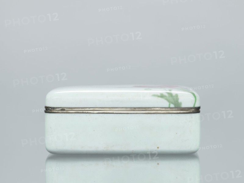 Box with a lid, cloisonné enamel, poppies and plant ornament, decorative vessel, box; Japanese, Taisho period, ca. 1912–1926; height 4.7 cm, width 11.1 cm, depth 8.8 cm., A small rectangular box with rounded edges sits centered on a reflective surface against a pale gray background; the box is mostly a very light bluish-white with a glossy finish, a thin metallic band encircles its midpoint, and there are hints of green and pink brushlike markings on the upper surface.