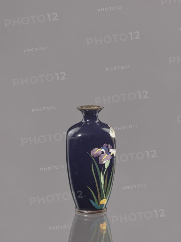 Vase, attributed to an, Ovoid cloisonné enamel vase with a short, thin, flared neck; dark blue background with irises. Meiji period, ca. 1900, Japan. Vessel; height 9.1 cm, diameter 4.3 cm., A dark blue ceramic vase with a narrow neck and flared rim sits centered against a plain gray background, decorated on one side with a painted floral motif showing purple and white iris-like flowers, green long leaves, and a small yellow flower near the base; the vase has a glossy finish that creates highlights and a subtle reflection of the floral motif on the surface below.