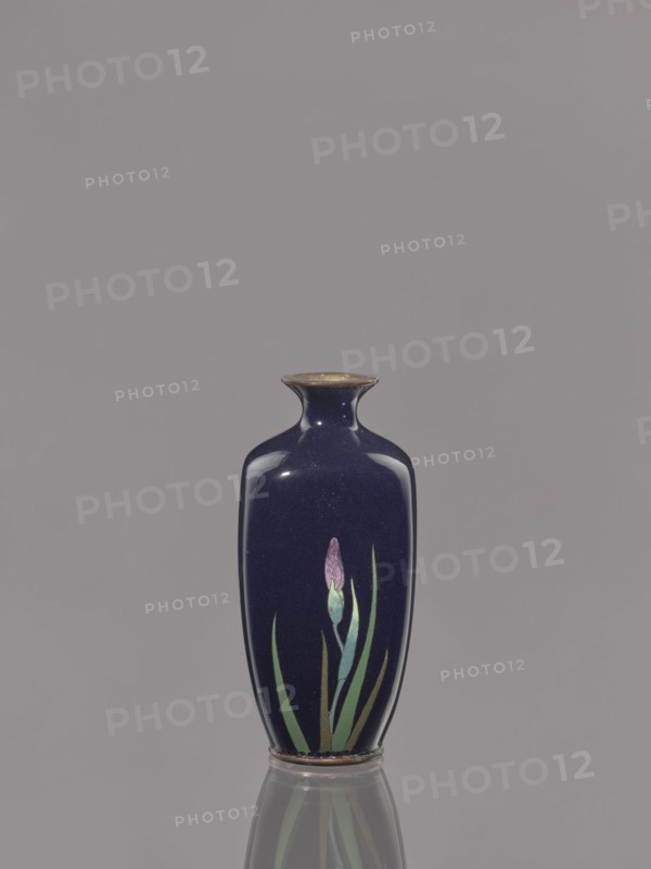 Vase, ovoid cloisonné enamel vase with a short, thin, flared neck; dark blue background decorated with irises; Meiji period, ca. 1900; Japan; vessel; height 9.1 cm, diameter 4.3 cm., A tall, narrow vase with a glossy deep blue surface stands centered against a muted gray background, featuring a single stylized flower motif with a purple bud and green leaves on its front; the vase has a flared rim with a slightly metallic inner edge and sits on a reflective surface that echoes its shape below, showing highlights and subtle light reflections on its curved sides in colors including blue, purple, green, gray, and a hint of metallic brown.