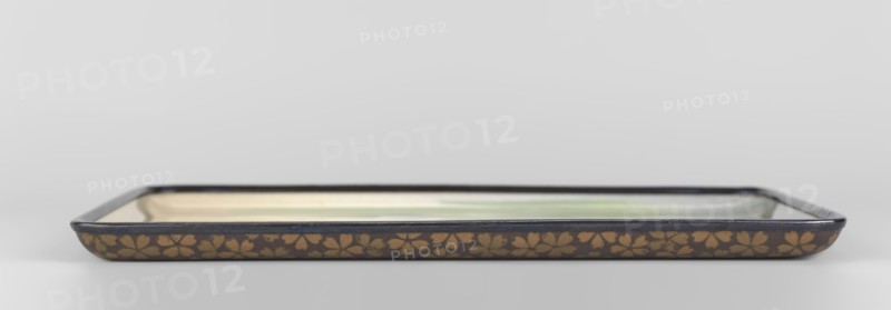 Tray, Namikawa Sôsuke 1847–1910, ca. 1890–1900 Meiji period, Japan, Nagoya. Rectangular tray with rounded corners, height 1.3 cm, width 23.1 cm, depth 17.2 cm. Cloisonné enamel, musen wireless and yusen cloisonné techniques; shakudo alloy rim. Obverse: asymmetrical painterly composition in musen showing a white heron standing on one leg beside a clump of white and blue irises against a neutral background gradating from bluish at the bottom to cream with a hint of pink. Sparse wires shosen define the bird’s beak and legs. Reverse: dense cherry blossom ornament in two shades of brown on a matte dark brown enamel ground, flowers executed with gold wires and a central silver-wired seal bearing the signature Sakigake., A low rectangular shallow tray viewed from the side with a dark rim and a patterned side showing a repeating floral motif in brown and tan; the inside surface visible near the rim shows pale cream and soft green tones, and the background and surface beneath the tray are light...