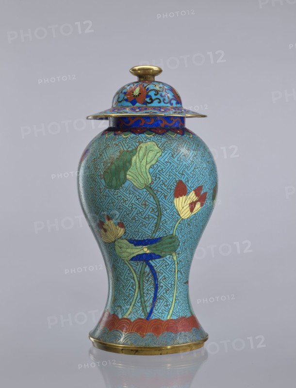 Vase with cover;, Cloisonné enamel vessel decorated with lotuses and geometric patterns. Qing dynasty 18th century, China. Height: 37 cm., A lidded vase with a bulbous body and flared foot rendered in turquoise, blue, green, red, gold, and cream tones; the surface is decorated with a repeating maze-like pattern in blue on a turquoise ground and stylized botanical motifs including large green leaves and cream and red flower heads with blue stems; the domed lid has a wide, flat rim with ornate blue and red scrollwork and a gold finial, and a band of red scalloped decoration runs above the foot; the base and finial show metallic gold accents, and the object sits against a neutral pale gray background.