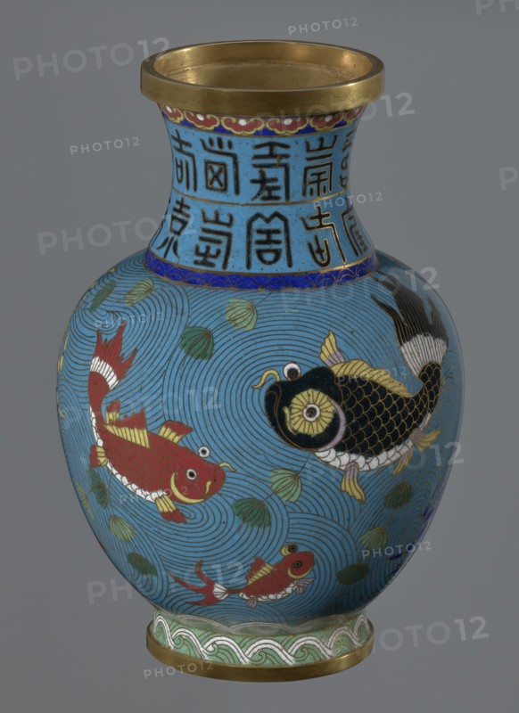 Vase, Chinese, Qing dynasty 1644–1911, 19th century. Cloisonné enamel; vessel on a foot with a neck; height 23.5 cm, diameter 9.3 cm. Decoration: fish and crabs on a turquoise background, archaizing inscription on the neck., A rounded vase with a flared neck and a metallic rim, predominantly turquoise blue in color with swirling wave patterns covering its body; decorative fish motifs in red, black, gold, white, and yellow appear swimming among green leaf-like shapes; the neck area shows a band of blue with darker characters or symbols rendered in black and accented with gold, and a narrow darker blue band separates the neck from the body; the base has a decorative border in pale green, white, and gold and a metallic foot ring.