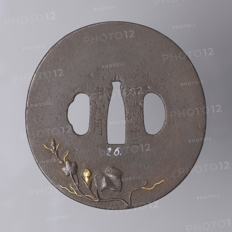 Crossguard tsuba, Masayoshi. Round tsuba maru gata with a rectangular edge kaku mimi, decorated on both sides with an asymmetrically composed high relief—carved takabori and inlaid with copper and gold takazôgan—motif of a plump pumpkin fruit with decoratively twisting stems with leaves and flowers. Details made with gold inlay using the nunome technique. Signed. 1st half of the 19th century Edo period, 1603–1868. Japan; Inaba historical province. Tsuba. Height 8.0 cm, width 8.35 cm, depth 0.45 cm., A round dark brown metal disk with a slightly rough textured surface and a few areas of rust-toned brown, featuring three cutouts near the center including a narrow vertical shape and two rounded shapes, and a decorative relief of a flowering plant along the lower edge with a few gold-colored highlights on the buds and slender stems and leaves in darker brown tones against a neutral gray background.