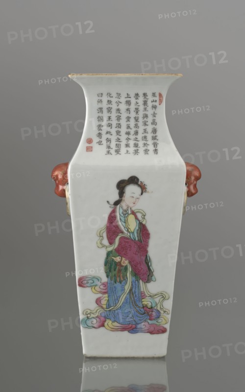 Vase with two handles, maker, ; Chinese, Qing dynasty 1644–1911; porcelain fragment with white transparent glaze; decorated with overglaze enamel paints and iron red; inscriptions; lion iconography; figural scenes including images of women; colored porcelain; 19th century, China; vessel; height 28.5 cm, width 15.2 cm, depth 11.5 cm, weight 1.75 kg, A tall, rectangular porcelain vase with a flared rim and a pale off-white background, decorated with a painted figure of a woman wearing layered robes in shades of pink, blue, green, and yellow, standing on stylized cloud motifs in pastel tones of pink, blue, yellow, and green; the woman has dark hair styled up with a small floral ornament and a pale face with subtle features, and she holds a small rounded object; a column of vertical calligraphic marks appears above her on the upper section of the vase, accompanied by a couple of small red seals, and there are decorative sculpted handles on the sides in a reddish-brown color; the rim shows ...