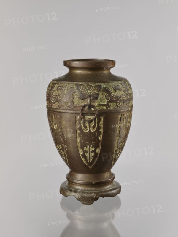 Vase on base, Chinese, Qing 1644–1911, early 20th century; ceremonial vessel decorated with dragons and taotie motifs; material: vessel; height 29.5 cm, diameter 18.7 cm., An ornate metal vase with a rounded body, a narrow neck and flared rim sits on a scalloped pedestal base; the vase is primarily brown with areas of greenish patina, featuring raised decorative panels and stylized motifs around the upper and mid sections, and a metal ring attached to a loop near the shoulder; the surface shows varied tones of brown and green, with subtle highlights and shadowing against a light gray background, and a soft reflection visible beneath the base.