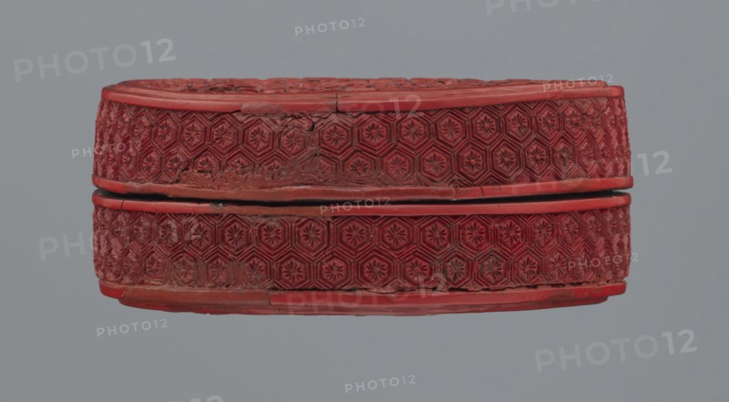 Box with lid, Chinese, Qing 1644–1911, 19th century. Two-tone lacquer, red and black black lacquer inside. Decoration: floral ornament with peonies, bamboos, peaches iconography, kikko geometric pattern. Container; base: height 2.1 cm, diameter 8.8 cm; lid: height 1.8 cm, diameter 8.8 cm; box height 3.8 cm, diameter 8.9 cm., A carved circular object with an oval profile sits against a gray background; the object is red with areas of darker red and some spots of brownish wear, and it has a repeating geometric floral pattern carved around its sides and top, with a narrow horizontal separation around its middle showing a thin dark gap.