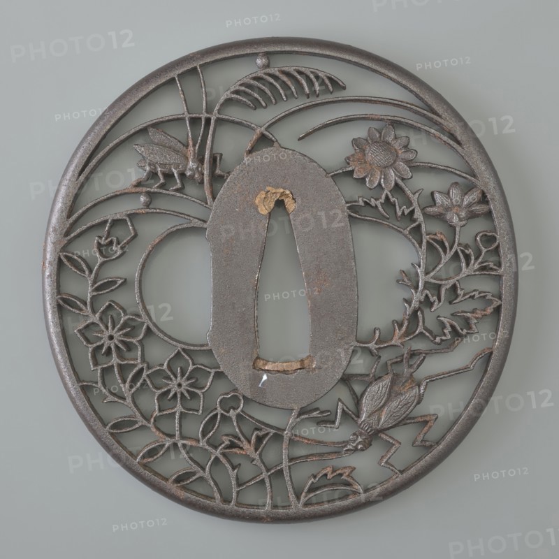 Crossguard tsuba, Akasaka role classification of creator, school author. Japanese, Edo period 18th/19th century. Tsuba round maru gata with a rounded edge maru mimi; seppa dai oval; sekigane copper. Decorated with an openwork ji sukashi design, partly positive and partly negative, depicting two crickets among chrysanthemums, flowers, and grasses. Not signed. Diameter 7.2 cm; thickness 0.5 cm. Weapons — melee weapons — swords — katana — sword crossguards., A round metal object with an openwork floral and insect design, shown against a pale gray background; the metal appears dark gray with areas of brownish rust and traces of lighter metallic wear, and there are a few small patches of gold-colored residue near the central opening.