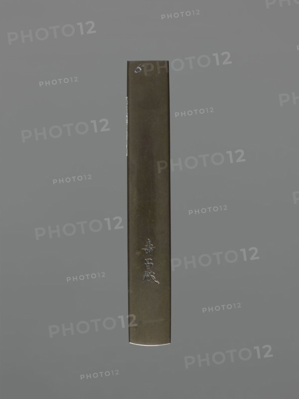Knife handle kozuka, Suiyôdô Toshimasa maker, gift; Japanese, Edo period 19th century, 1603–1868; kozuka for katana; materials: metal weapon handle; decorated with flowers and roosters iconography; height 9.6 cm, width 1.4 cm., A long, narrow rectangular object with a smooth, slightly reflective surface in olive green and dark brown tones is centered vertically against a medium gray background, showing a small area of lighter wear near the top edge and a subtle curved lighter highlight along the bottom edge.