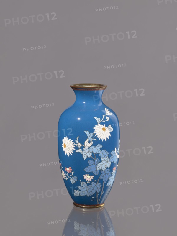 Vase with chrysanthemums, ca. 1900 Meiji 23, Japan, Nagoya; cloisonné enamel vessel, height 18.0 cm, diameter 9.0 cm; Japanese Meiji period; chrysanthemums and flowers iconography., A blue vase with a narrow neck and flared rim stands against a plain gray background, decorated with white and pale yellow flowers and blue leaves, with touches of pink on some smaller blossoms and a thin metallic band at the top and base, its glossy surface producing subtle highlights and a faint reflection on the surface beneath.