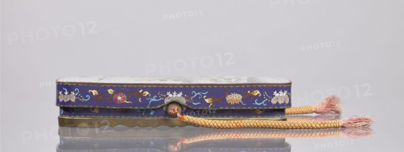 Letter box fubako with lid, Japanese, Meiji period late 19th century, 1868–1912. Cloisonné enamel container decorated with birds and chrysanthemums. Dimensions: height 4.6 cm; width 23.0 cm; depth 8.8 cm., A small rectangular decorative box sits flat against a pale background, its sides showing a deep blue base color with floral and foliate motifs in colors including gold, pink, pale green, white, and light blue; the box has a metal trim with an aged brass tone at the bottom edge and a scalloped detail, and a braided cord in shades of peach, yellow, and pink emerges from a small circular opening and lies in front of the box with frayed tassel ends in pink.